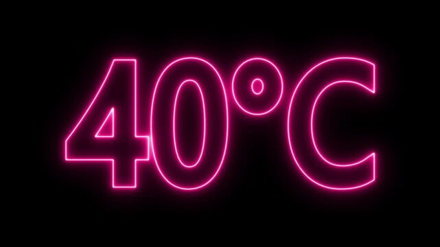 flickering neon 40 degree Celsius symbol animation. neon text displaying 40&deg;C animation on black background. digital weather temperature neon effect
