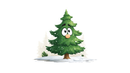 Funny cartoon Christmas tree character with smiling face and decorations isolated on transparent background high resolution PNG vector illustration for festive holiday design