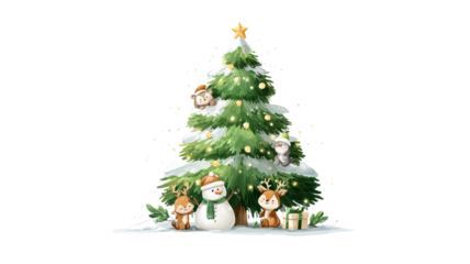 Funny cartoon Christmas tree character with smiling face and decorations isolated on transparent background high resolution PNG vector illustration for festive holiday design
