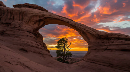 Dramatic sunset through natural rock arch in desert landscape