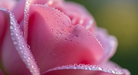 Close-up shot of dewy pink rose petals, exhibiting exquisite beauty