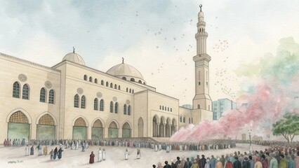 Festive celebration at a grand mosque with smoke effects