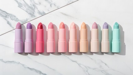 Collection of pastel colored lip balms lined up on a marble surface