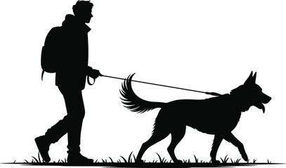 Dog walking silhouette, outdoor activity, human and pet bond, black and white art, grassy terrain, companionship theme, leash control, nature walk, peaceful moment, motion