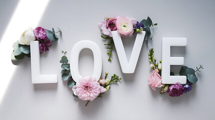 The word love spelled out with white letters and decorated with flowers