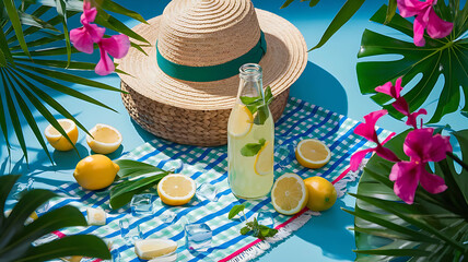 Refreshing lemonade and tropical leaves on a sunny day