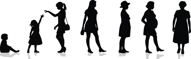 Female life stages, silhouette illustration, age progression, childhood to elderly, woman growth, black shapes, timeline concept, development phases, generational change, anatomy, identity