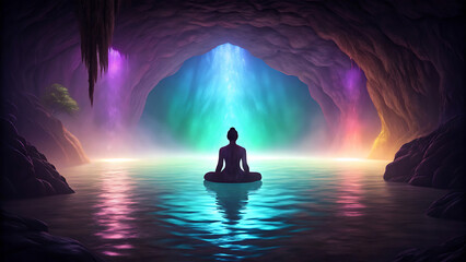 Silhouette of person meditating in a glowing cave with colorful light and water