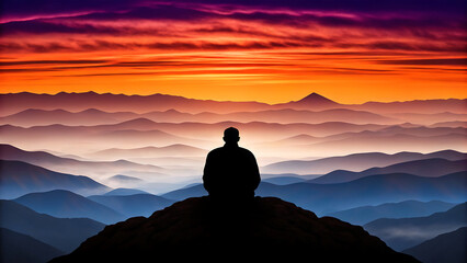 Silhouette of a person watching a vibrant sunset over a misty mountain range