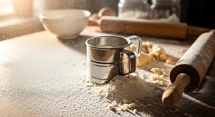 Baking Preparation Scene with Flour Duster and Rolling Pin in Sunlight