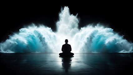 Person meditating in front of a powerful water fountain at night