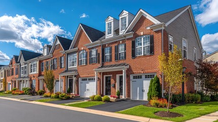 Fototapeta premium Modern Townhouses with Brick Facades and Lush Landscaping Under Clear Blue Sky
