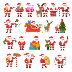 Naklejka premium A big set of Santa Claus illustrations featuring Santa in various festive poses with gifts, candy canes, stockings, Christmas tree, and elf, designed in a colorful cartoon style on a white backgroun