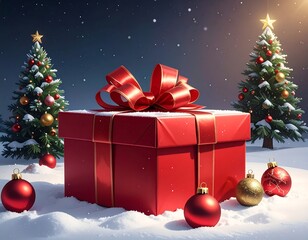 A large red gift with a ribbon, Christmas trees, and ornaments in the snow