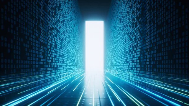 Glowing binary data tunnel background, 3d rendering.