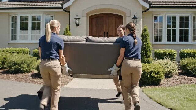 Movers Unloading Furniture - Three female movers unload a couch from a moving truck into a new home, providing expert assistance.