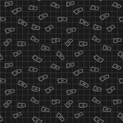 Seamless black checkered pattern with falling abstract banknotes. Vector graphics.