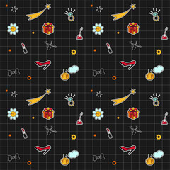 Seamless pattern black checkered decorated with stickers. Vector graphics. Doodle style.