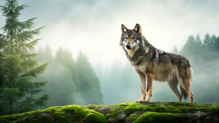 Majestic wolf standing on mossy rocks in a misty forest