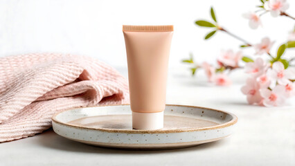 Cosmetic foundation tube with soft pink towel and delicate pink flowers