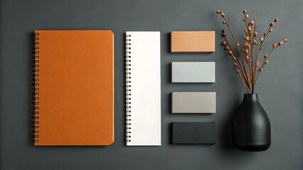 Overhead view of a notebook ruler color swatches and dried flowers in a vase