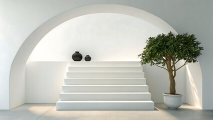 Modern minimalist interior with white stairs and a potted tree