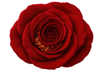Red rose flower blossom showing heart shape golden seeds, symbolizing love, beauty, passion, and romance with transparent background