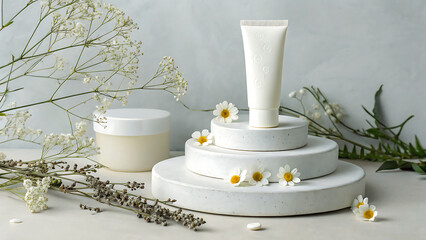 Natural skincare product display with delicate flowers and greenery