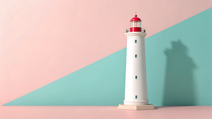 Minimalist lighthouse model against a pastel pink and teal background