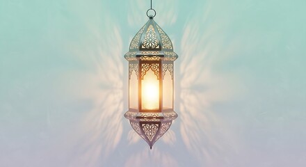 Fototapeta premium Elegant Moroccan lantern casting intricate shadows, creating a warm, inviting ambiance for festive celebrations or home decor.