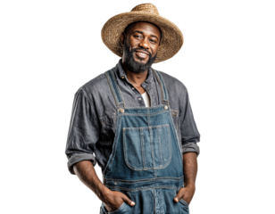  handsome, smiling black farmer wearing overalls and a straw hat, standing with his hands in his pockets, isolated on a white background.