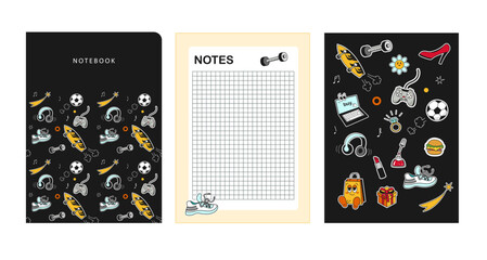 A set of templates for notebook design - Cover, checkered sheet, stickers on the topic of a teenager's lifestyle. Doodle style, vector graphics.