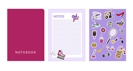 A set of templates for notebook design - Cover, checkered sheet, stickers on the topic of a teenager's lifestyle. Doodle style, vector graphics.