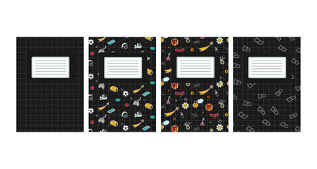 A set of covers for notebooks and copybook on a black background in doodle style. Vector graphics.