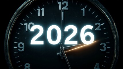 Clock face with hands striking midnight and glowing "2026" text overlay, concept of time, countdown, and transition.