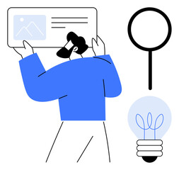 Man holding a card with image and text, magnifying glass, and lightbulb nearby. Ideal for creativity, innovation, presentation, education, analysis research strategy. Simple flat metaphor