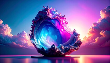 Surreal Neon Shell or Wave Sculpture in Vibrant Blue and Pink Colors with Dramatic Sunset Clouds