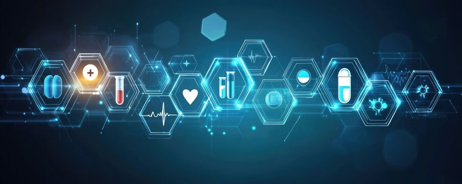 Futuristic medical icons in hexagonal shapes, glowing