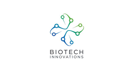 Abstract biotechnology logo with interconnected molecular structure design.