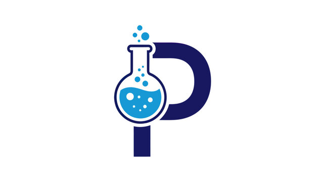 Chemistry flask with bubbles and letter P logo.