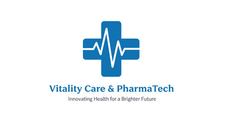Vitality Care  PharmaTech Logo with Blue Cross and Heartbeat Line.