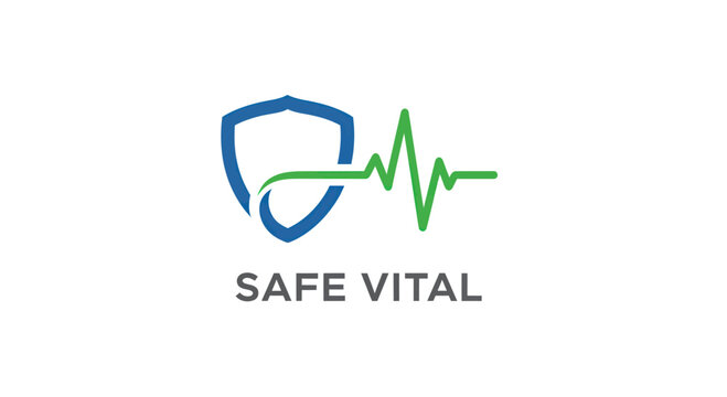 Safe Vital logo design with a shield and heartbeat EKG line.