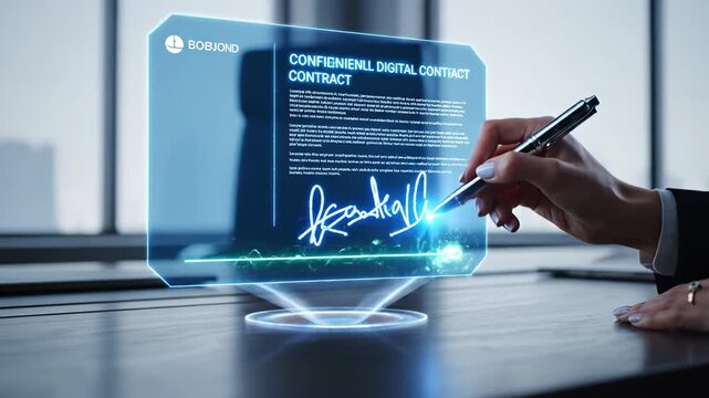 Holographic Digital Contract Signing - A woman signs a digital contract using a pen on a futuristic holographic display. The digital signature provides secure authentication for business.