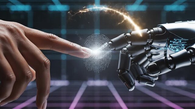 Human and Robot Hand Connection - An video depicting the concept of connection between humans and artificial intelligence, showing a human finger touching the finger of a robotic hand.