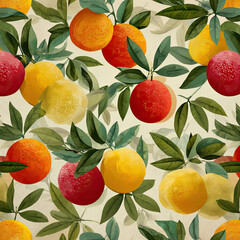 Obraz premium Seamless Tropical Citrus Fruits and Green Leaves Background