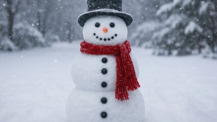 Charming snowman amidst snowy landscape.