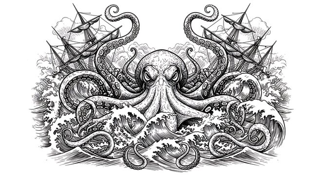 Intricate black and white illustration of a kraken attacking ships in stormy seas