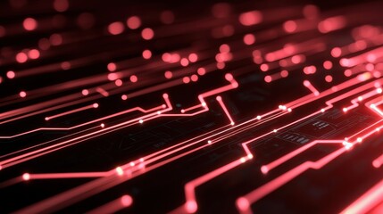 A dynamic abstract image showcasing glowing red circuit lines and nodes against a dark background, evoking a sense of technology and innovation.