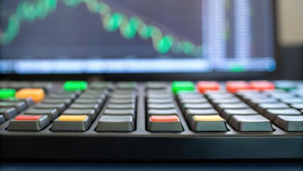 Close-up of a control panel with colorful buttons, displaying a blurred graph on a screen in the background.