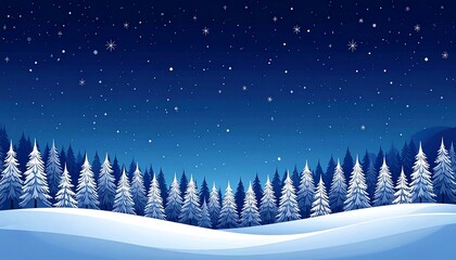 A beautiful winter landscape with snow-covered pine trees under a starry night sky.
